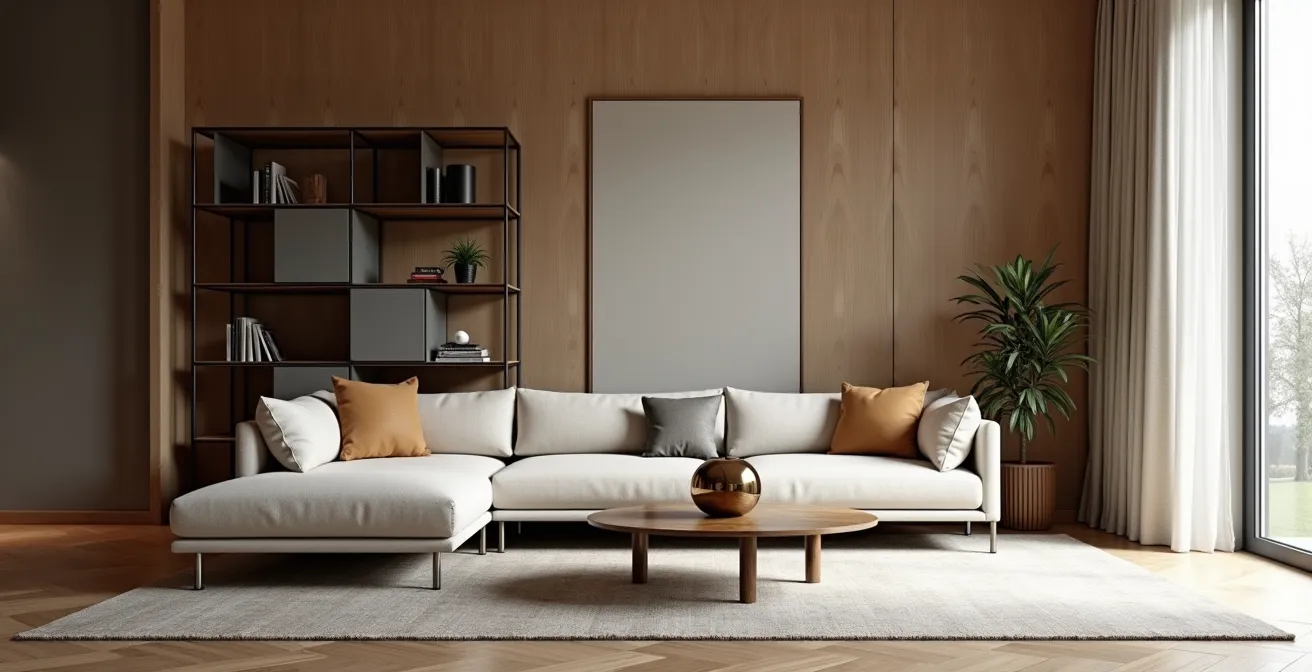 Harmonisch ausbalanciertes Schweizer Wohnzimmer mit matter Basis und gezielten Metallakzenten