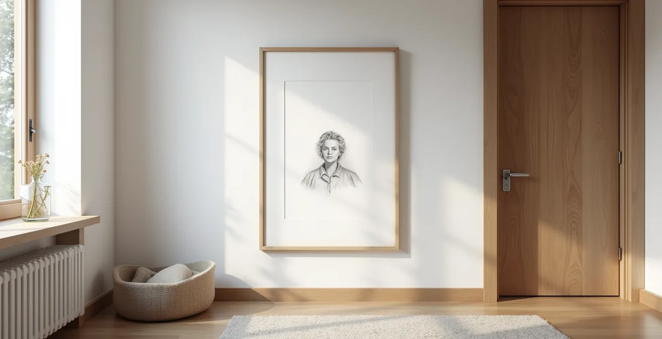 Kleine A5-Bleistiftzeichnung mit überproportionalem Passepartout an einer weissen Wand, was ihr visuelle Präsenz verleiht.