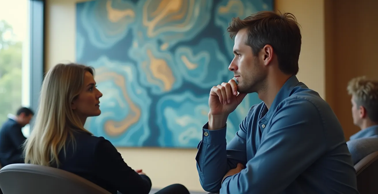 Wartezimmer mit abstraktem geometrischem Kunstwerk das die Aufmerksamkeit fesselt