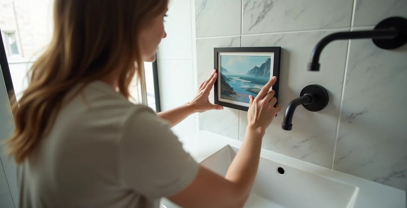 Harmonische Kombination von Acrylkunst und Metallarmaturen in einem modernen Schweizer Badezimmer