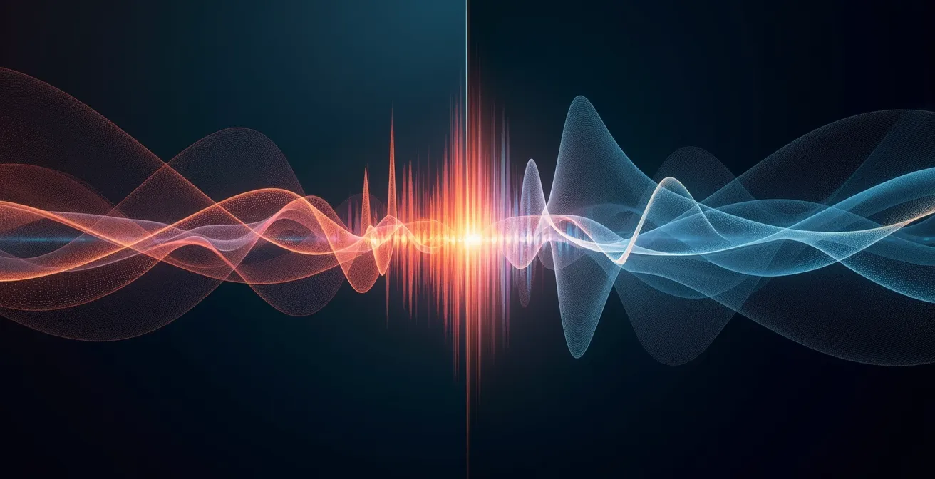 Schallwellen treffen auf Leinwand und Glasoberfläche, zeigen unterschiedliche Reflexion