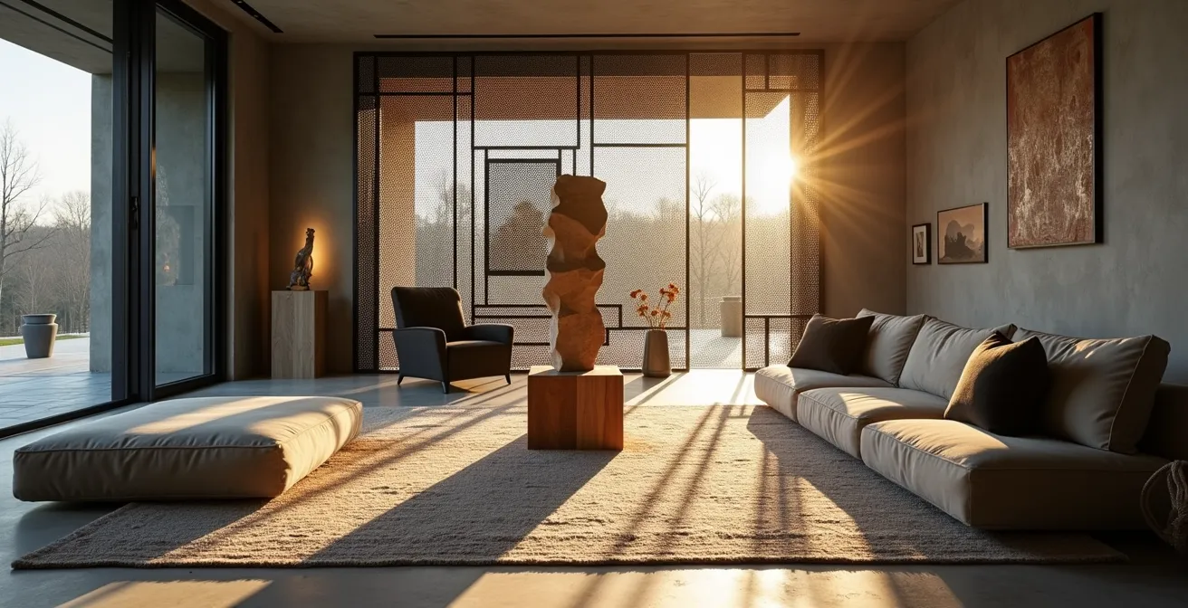 Offener Wohnbereich mit Kunst-Raumteilern und akustischen Zonen, die durch strategisch platzierte Skulpturen und Teppiche definiert werden.