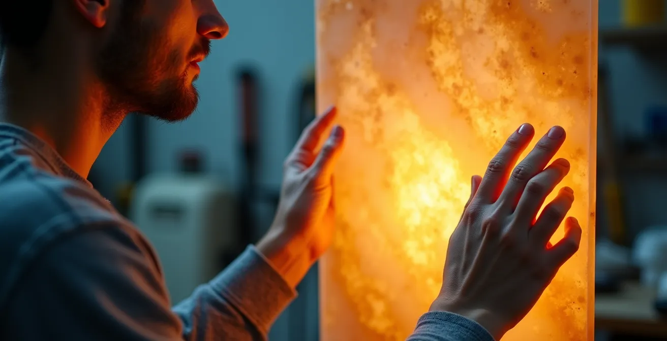 Detailansicht von hintergrundbeleuchtetem Alabaster mit sichtbarer Maserung