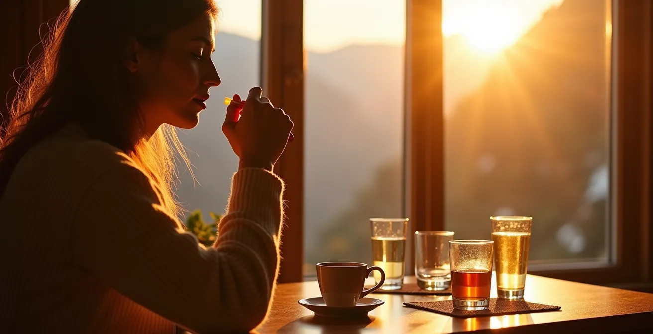 Das warme Licht des Alpenglühens wird von Glasobjekten in einem Schweizer Wohnzimmer reflektiert und schafft eine friedliche Atmosphäre für eine Teepause.