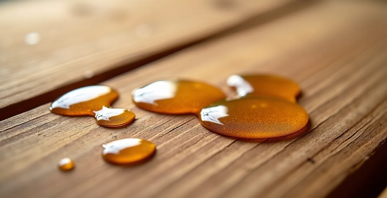 Nahaufnahme von Arvenholz mit sichtbarer Maserung und Pflegeöl