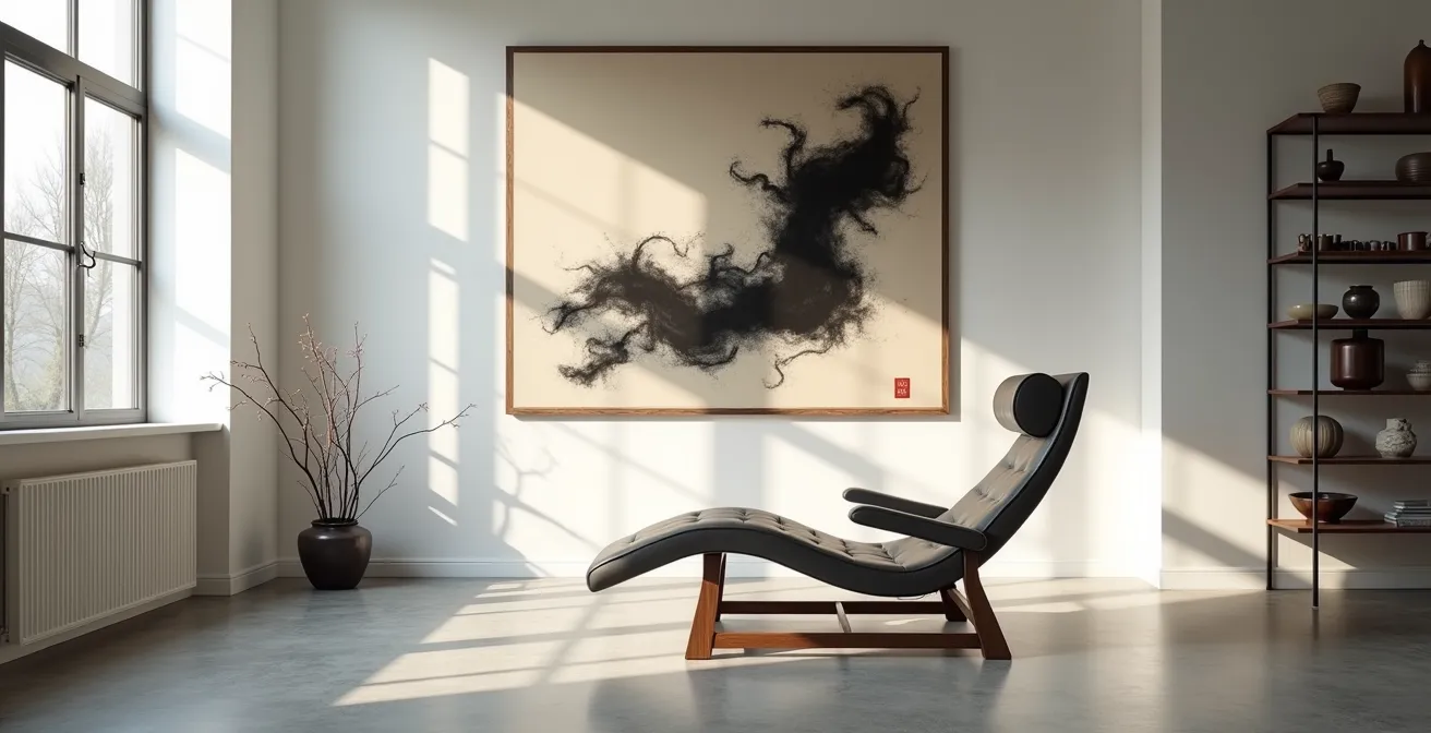 Harmonische Kombination asiatischer Kalligrafie mit europäischen Designmöbeln in Schweizer Wohnung