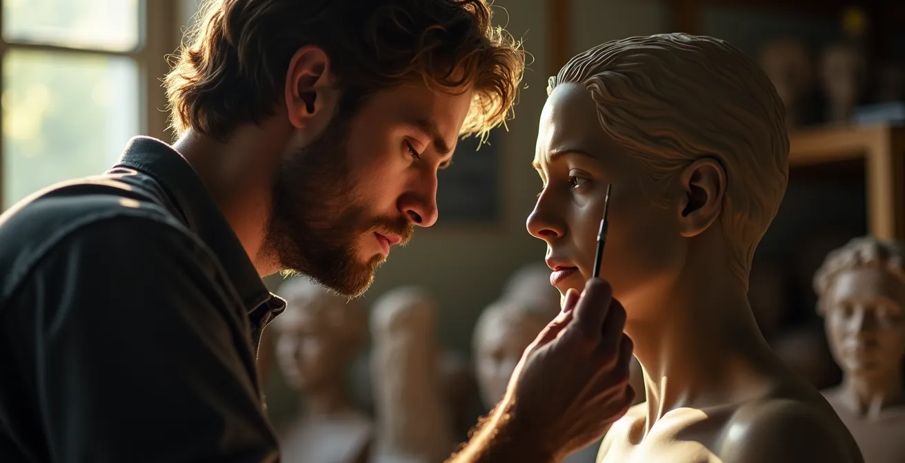 Bildhauer bei der Detailarbeit an einer Tonbüste im Atelier