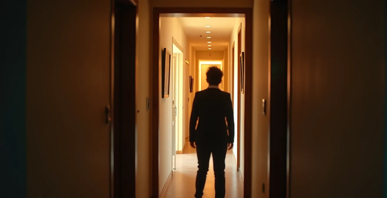 Durchdachte Blickachse in Schweizer Altbauwohnung mit beleuchtetem Kunstwerk am Flurende