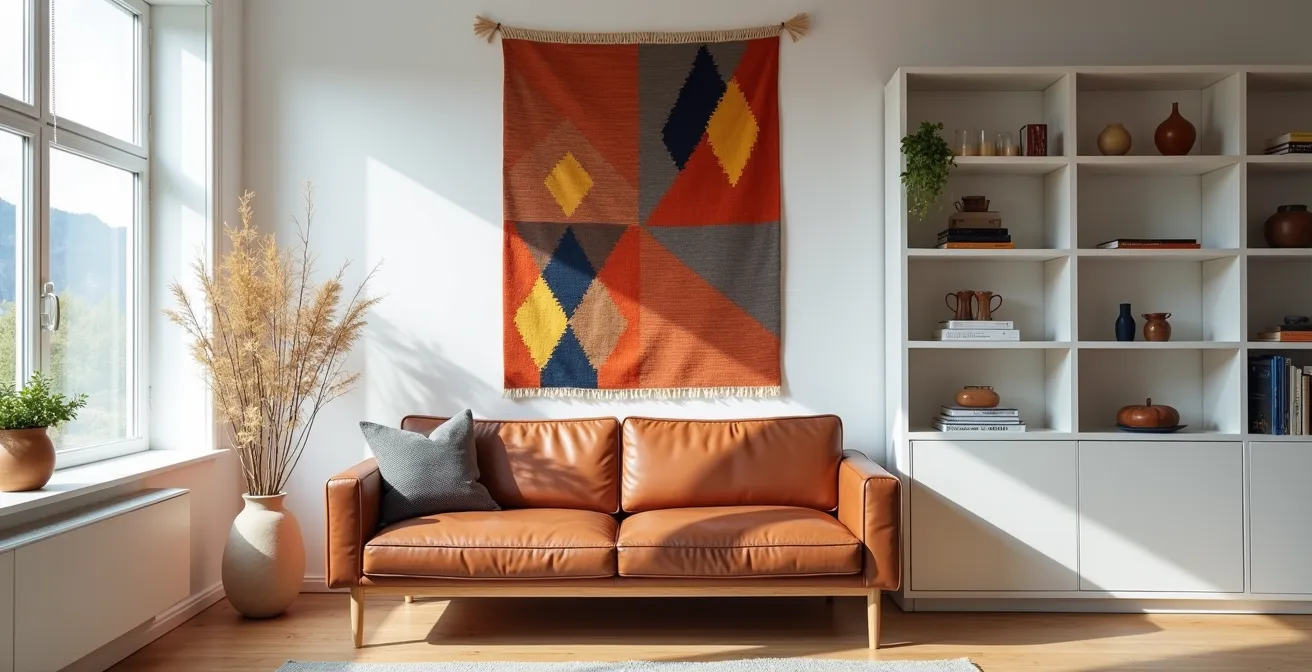 Harmonische Kombination von Boho-Wandteppich mit minimalistischen Schweizer Designmöbeln