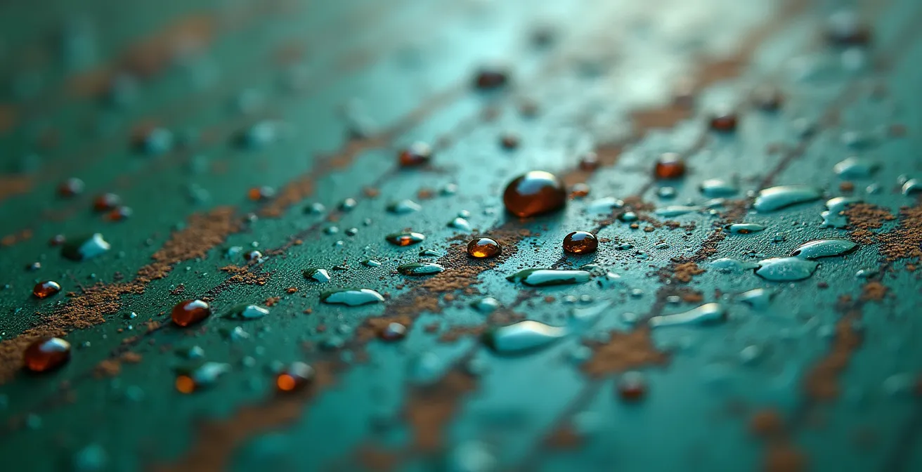 Makroaufnahme einer grünen Patina auf Bronze mit Wassertropfen