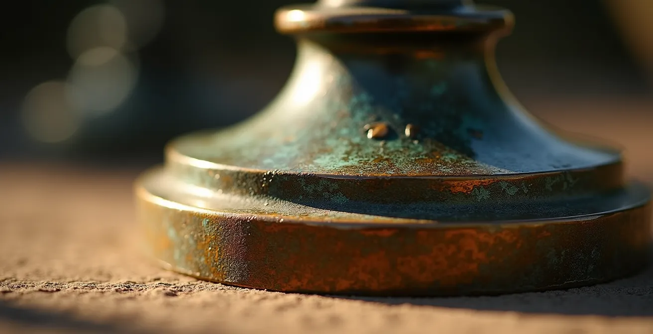 Nahaufnahme einer Bronzeskulptur-Basis mit Giesserstempel im warmen Licht