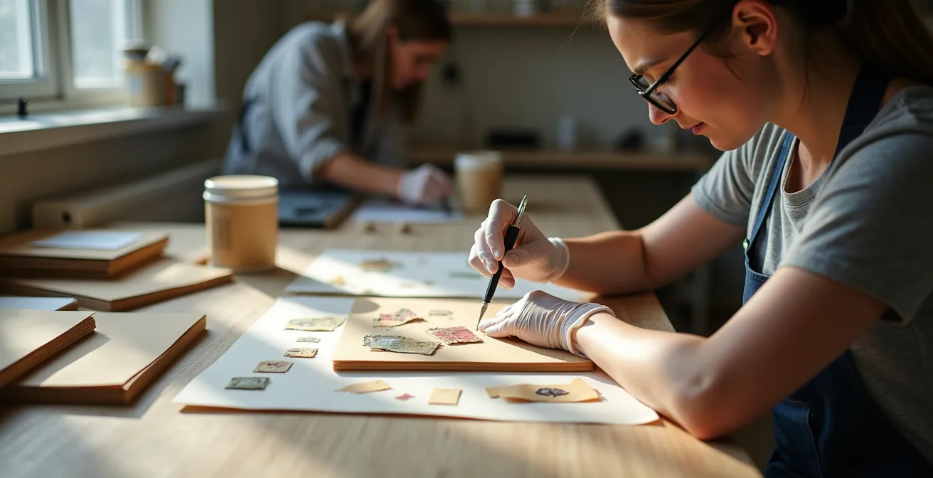 Restauratorin arbeitet präzise an gelösten Collage-Elementen in professioneller Werkstatt