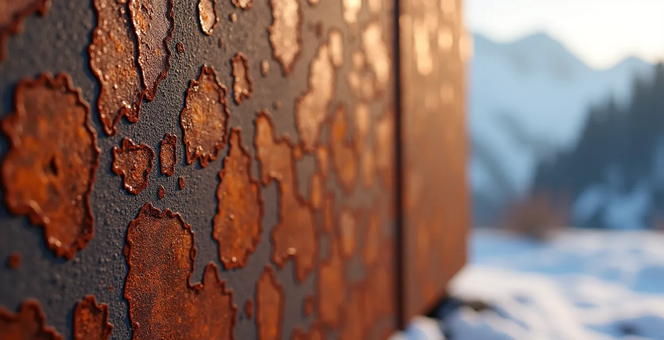 Cortenstahl-Fassade eines modernen Schweizer Gebäudes mit charakteristischer rostbrauner Patina im Alpenvorland