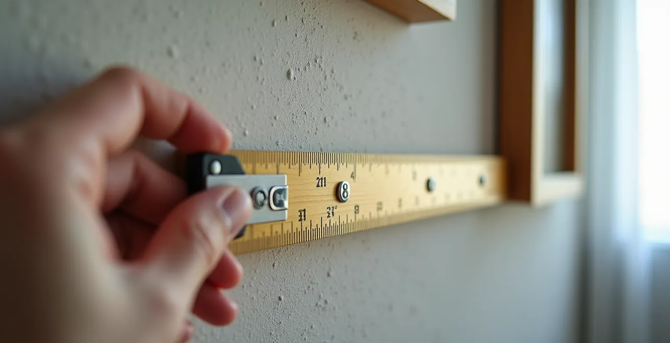 Präzise Montage eines dreiteiligen Wandbildes mit Messwerkzeugen und Abstandshaltern