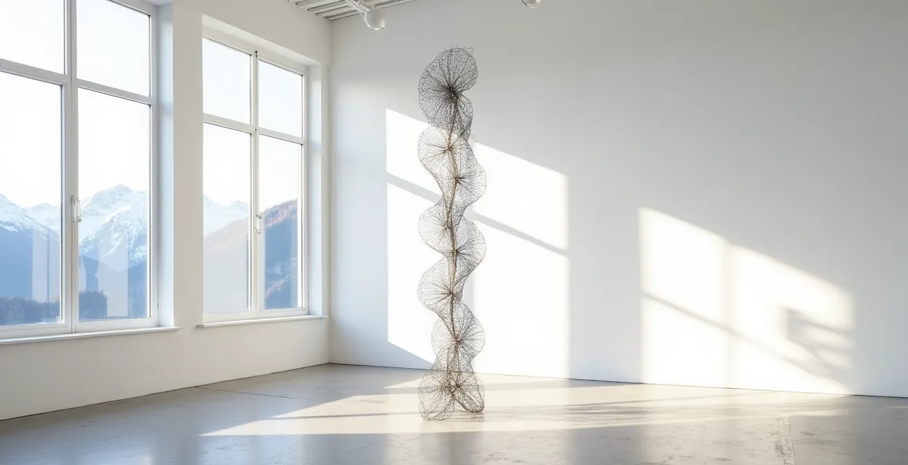 Filigrane Metallskulptur in einer Schweizer Galerie mit Alpenblick