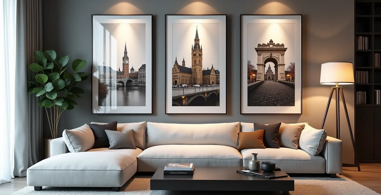 Elegante Fotowand mit Stadtansichten aus Zürich, Bern und Genf in harmonischer Hängung