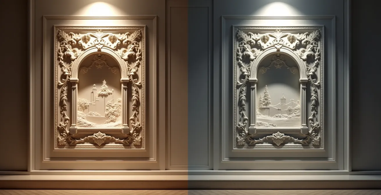 Vergleich zwischen flach wirkendem Frontallicht und dramatischem Streiflicht auf Reliefkunst