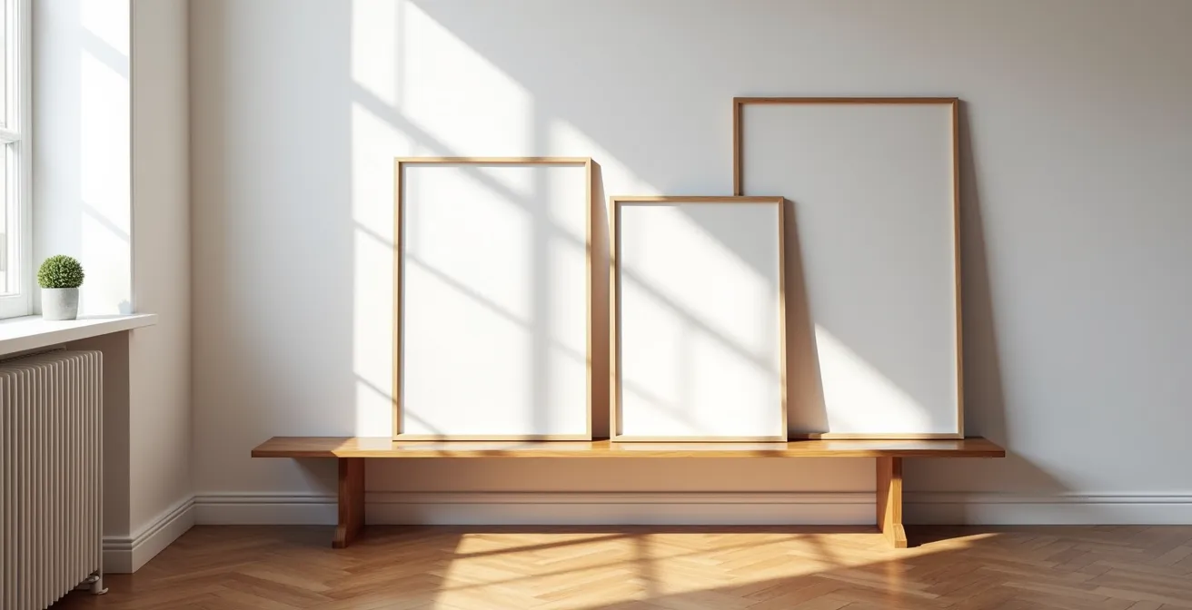 Kunstvolle Bodenarrangement von Bildern in einem Schweizer Wohnzimmer