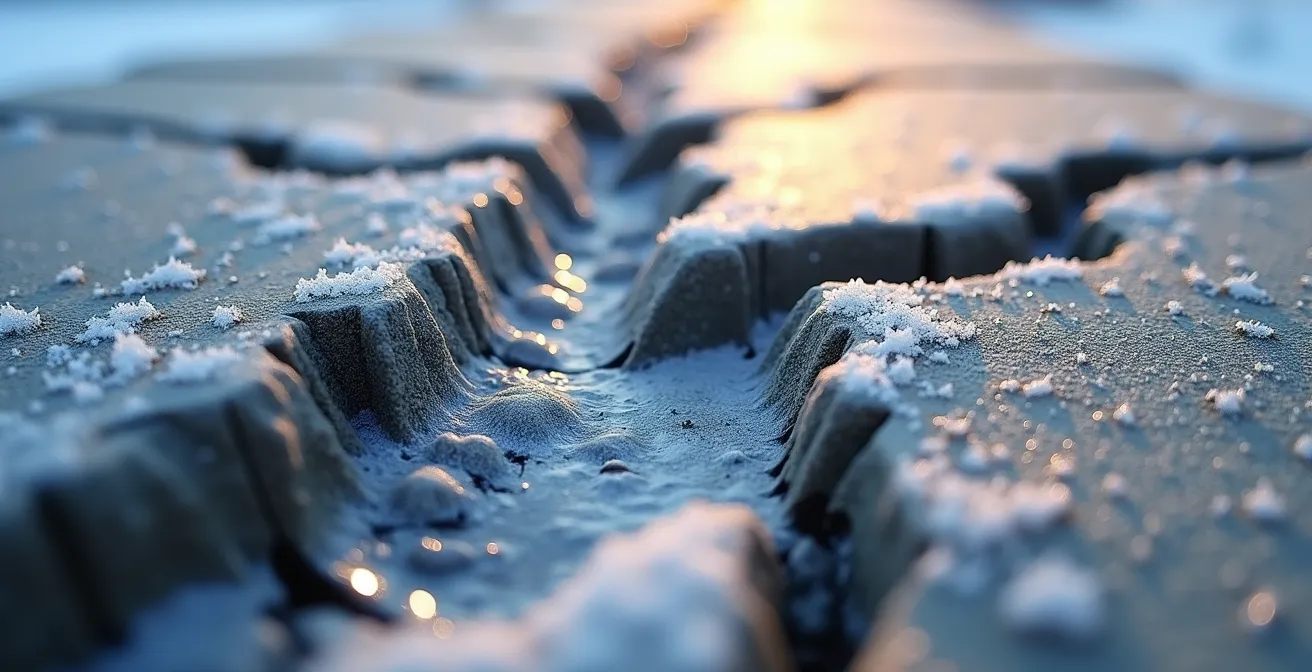Nahaufnahme eines durch Frost gespaltenen Natursteins mit Eiskristallen