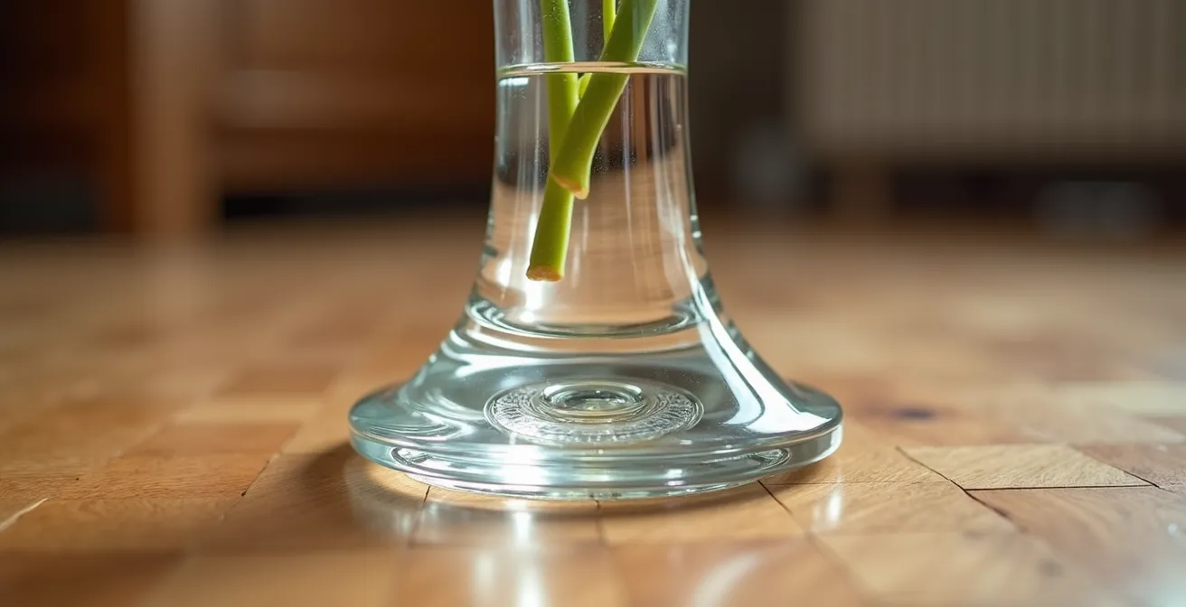 Glasobjekte mit Vibrationssicherung in einer Schweizer Altbauwohnung, die die subtilen Vibrationen einer vorbeifahrenden Strassenbahn dämpfen.