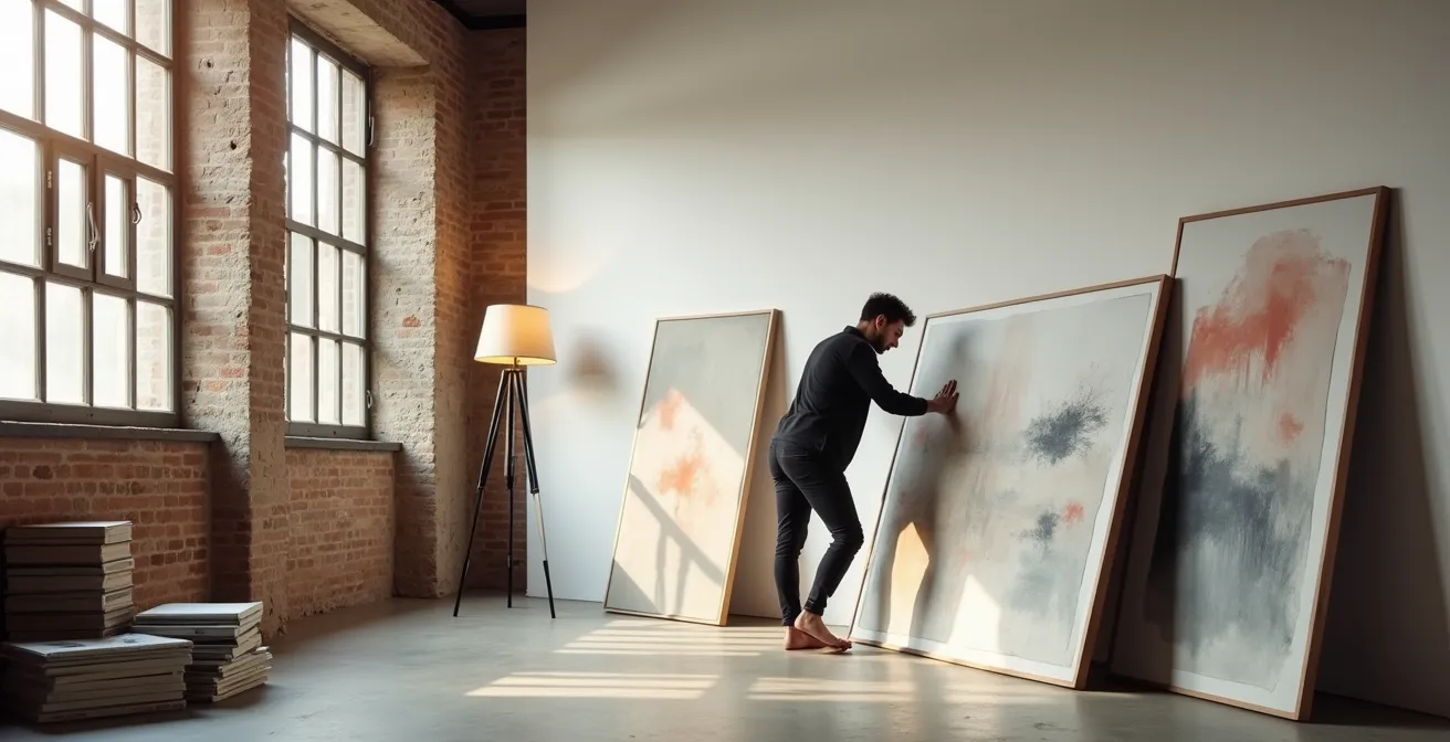 Stilvolles Arrangement grosser Kunstwerke am Boden in Zürcher Loft-Ästhetik