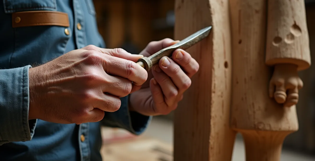 Detailaufnahme von Werkzeugspuren auf handgeschnitzter Holzskulptur