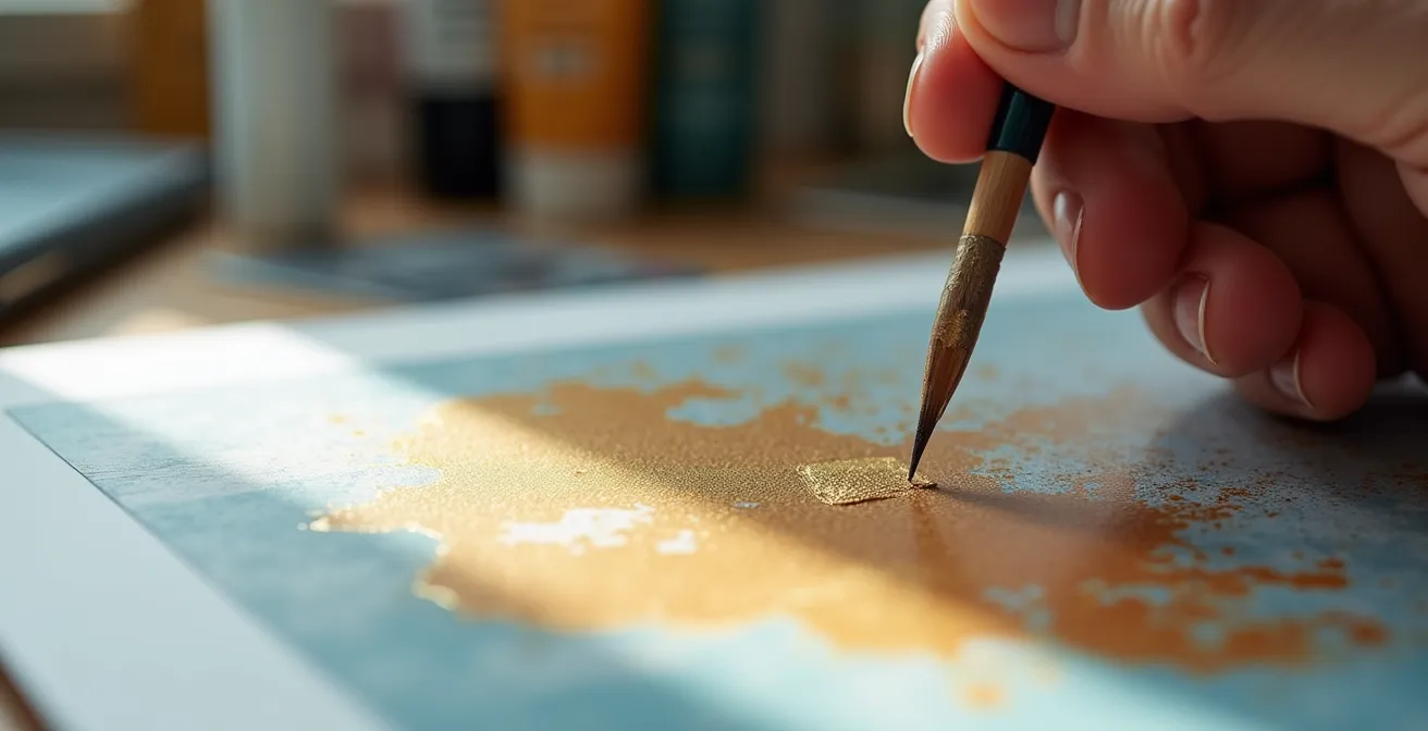 Künstlerhand beim Auftragen von Akzenten auf einen Giclée-Druck im Atelier