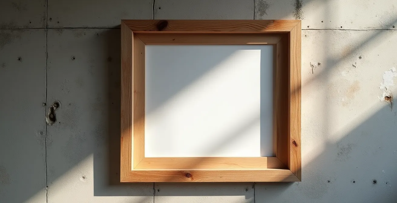 Warmer Holzrahmen aus Arvenholz an kühler Sichtbetonwand