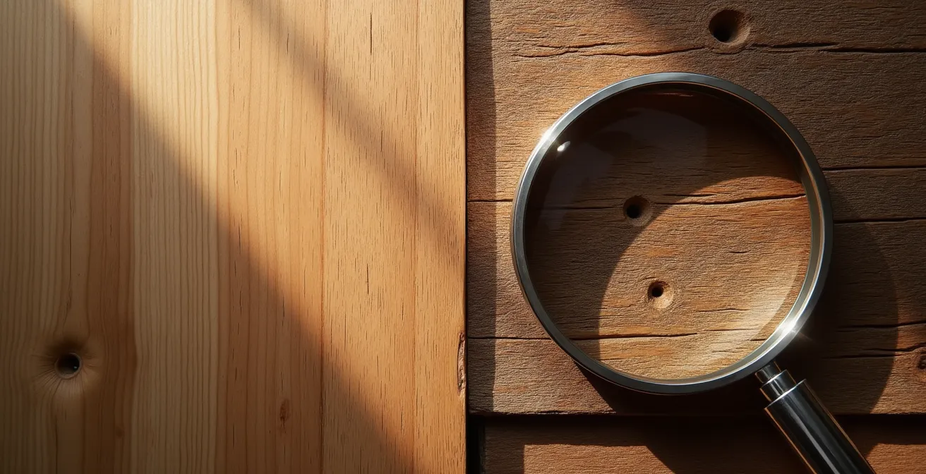 Detailaufnahme von Holzwurmlöchern in antikem Holz