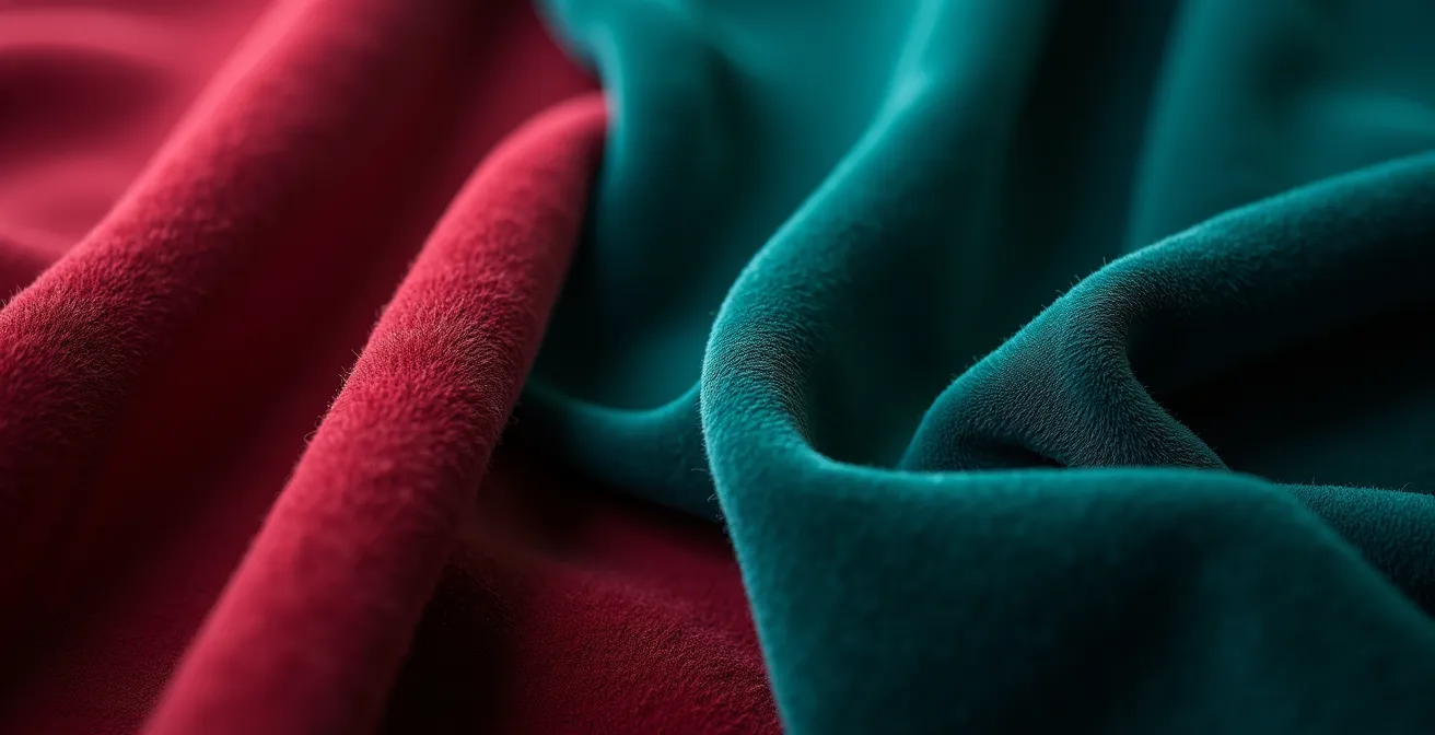 Nahaufnahme von satten Juwelentönen wie Smaragdgrün und Saphirblau, die auch bei künstlichem Licht Wärme und Tiefe erzeugen.