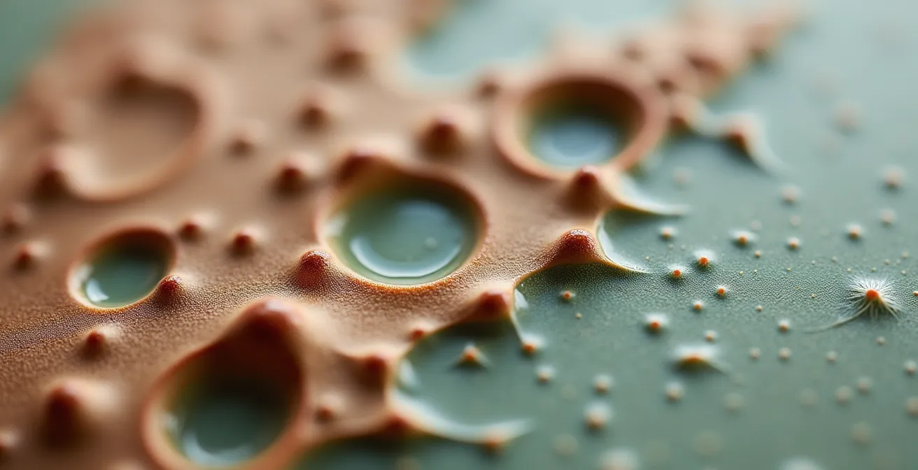 Makroaufnahme einer rauen Keramikoberfläche mit Fokus auf Textur