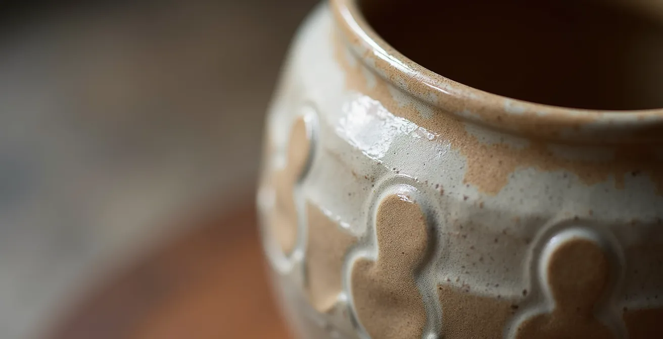 Nahaufnahme der texturierten Oberfläche einer handgetöpferten Keramik, die subtile Asymmetrien und Fingerabdrücke zeigt.