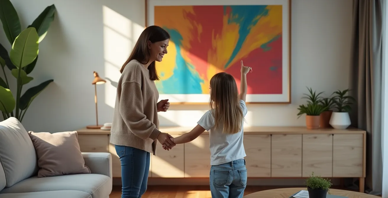 Moderne Schweizer Wohnung mit strategisch platzierten Kunstwerken ausserhalb der Reichweite von Kindern