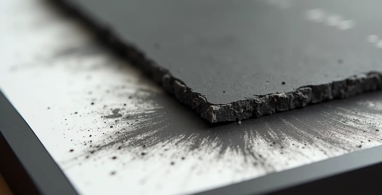 Querschnitt eines Rahmens, der den schützenden Abstand zwischen einer Kohlezeichnung und dem Glas durch ein Passepartout zeigt.