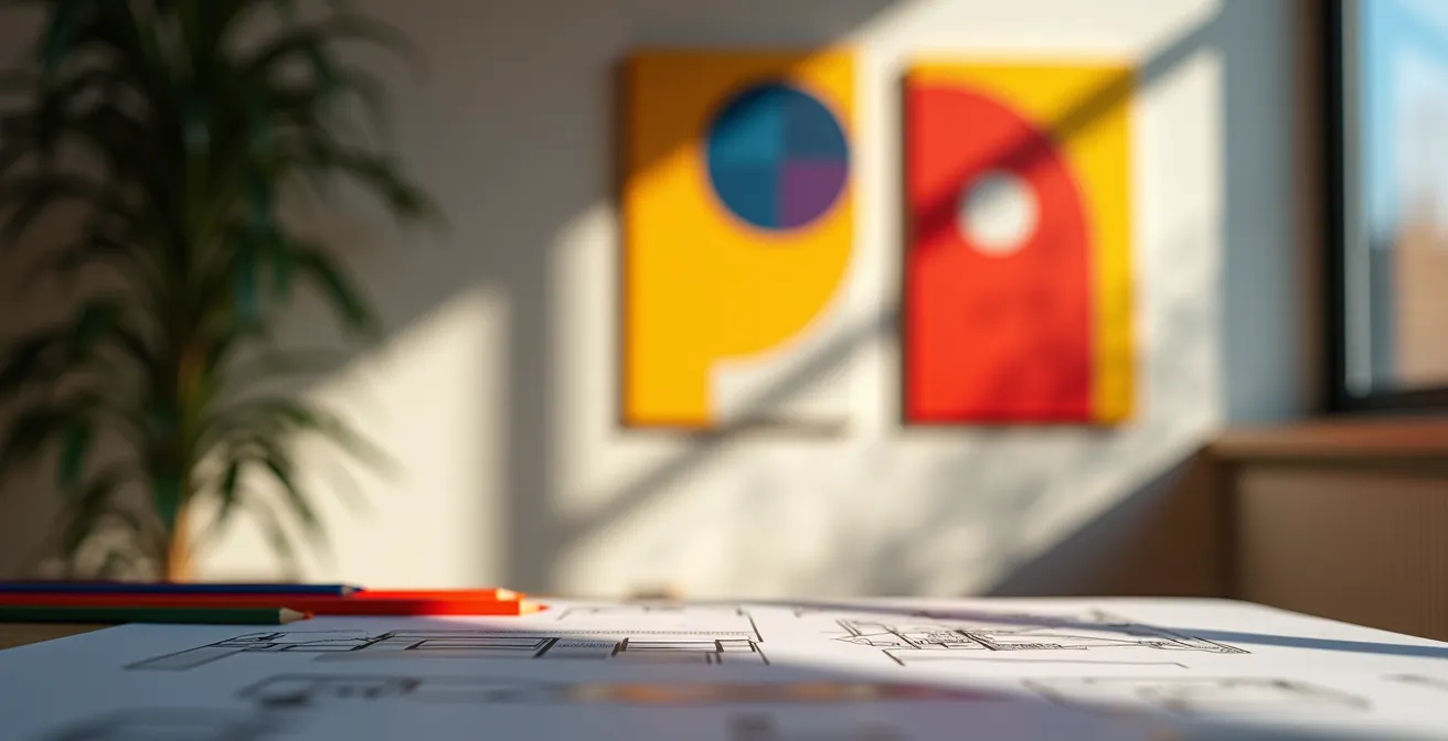 Inspirierende Kunstwerke für kreatives Arbeiten im Büro, die an den Stil der Schweizer Konkreten Kunst erinnern.