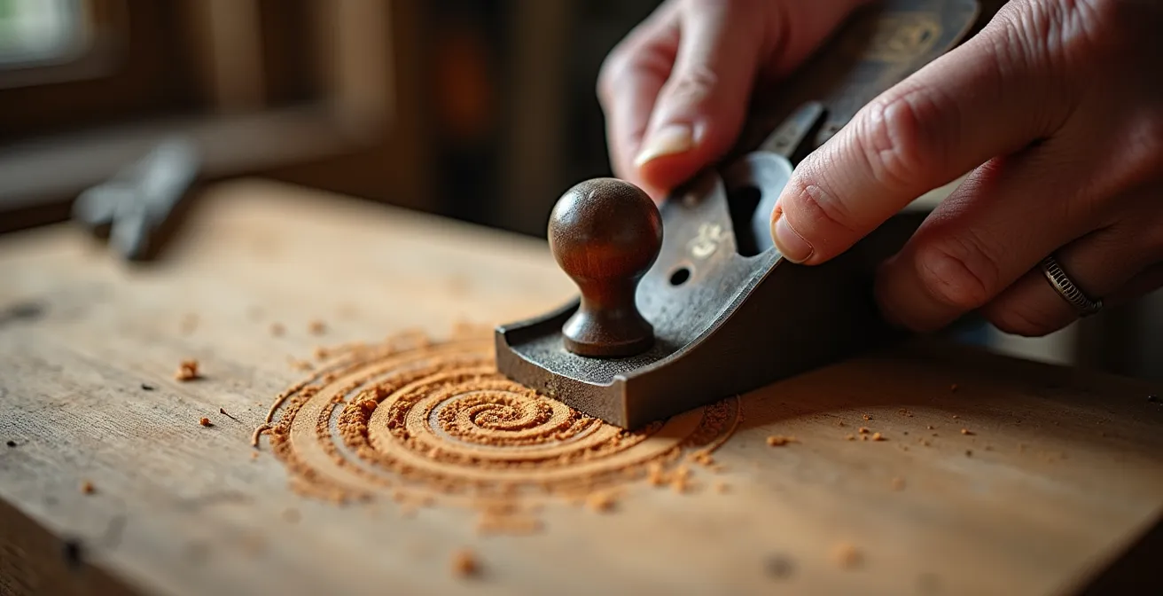 Nahaufnahme von Händen beim Restaurieren eines antiken Schweizer Möbelstücks