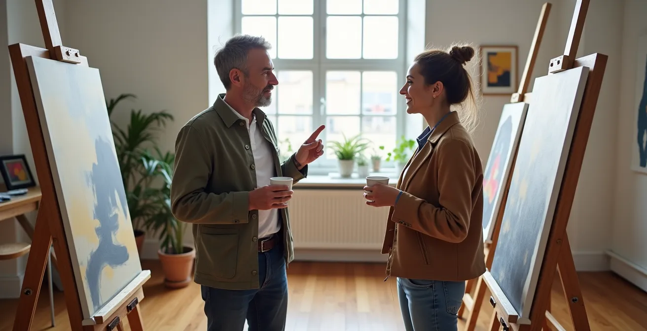 Künstler und Sammler im Dialog in einem hellen Schweizer Atelier
