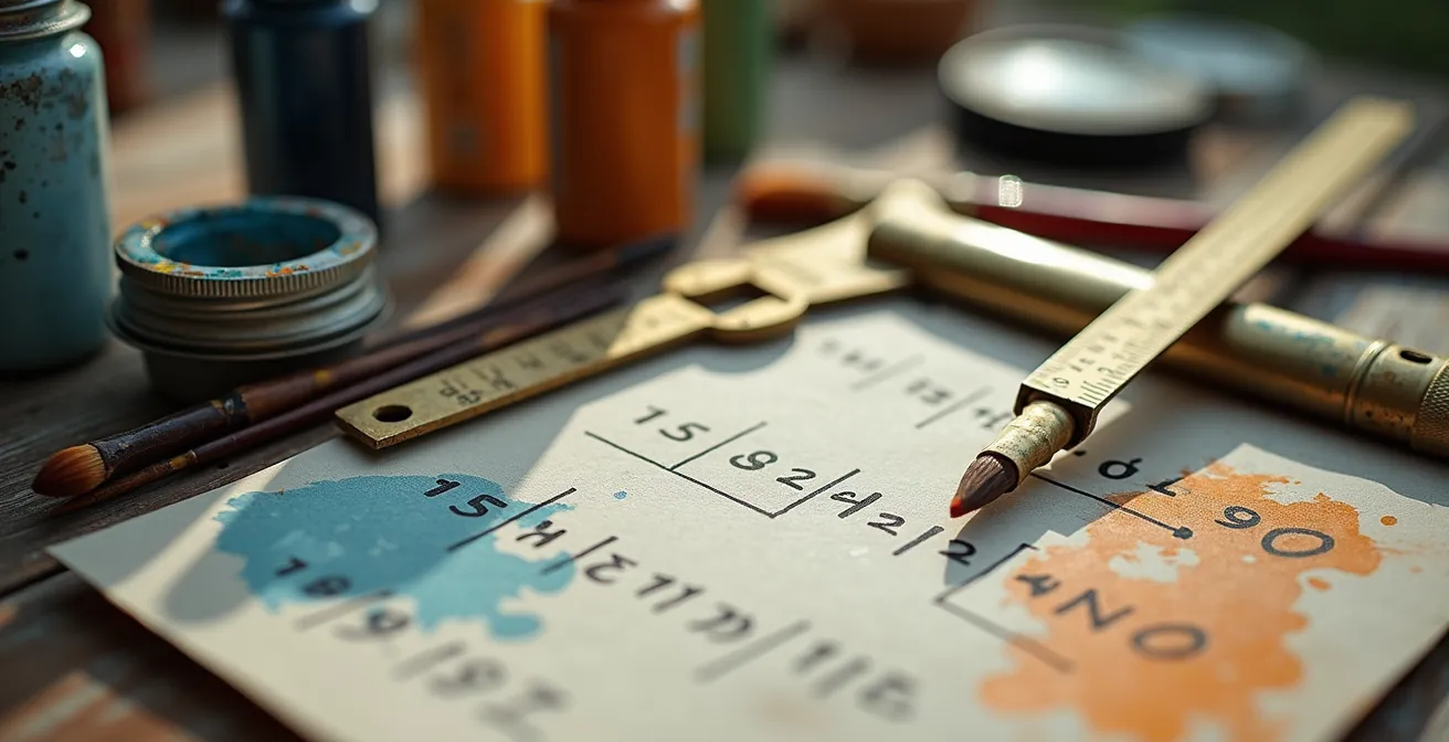 Nahaufnahme von Künstlermaterialien und Berechnungen auf einem Arbeitstisch