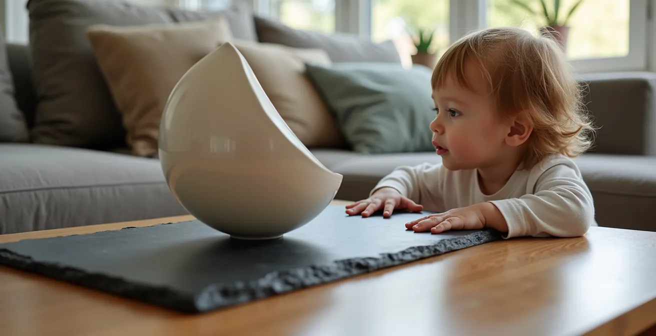 Schweres Holztablett mit Kunstobjekt auf Couchtisch als kindersichere Präsentation