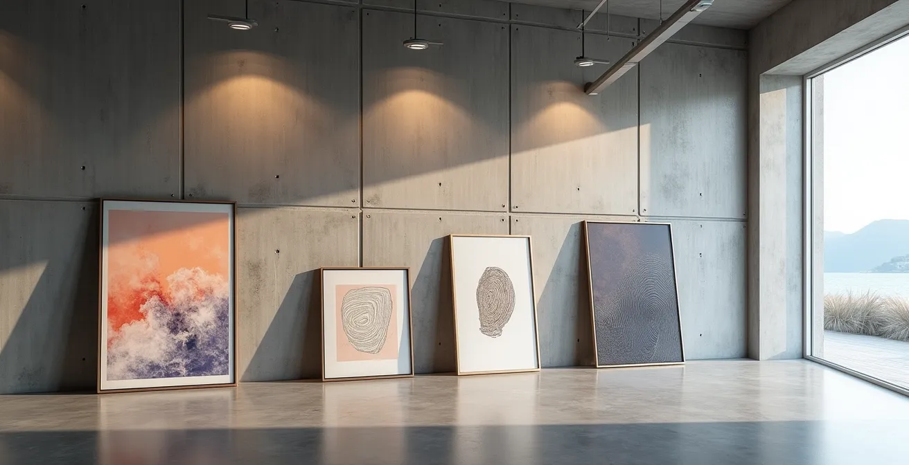 Grossformatige Kunstwerke lehnen elegant an einer Sichtbetonwand in einem Schweizer Loft