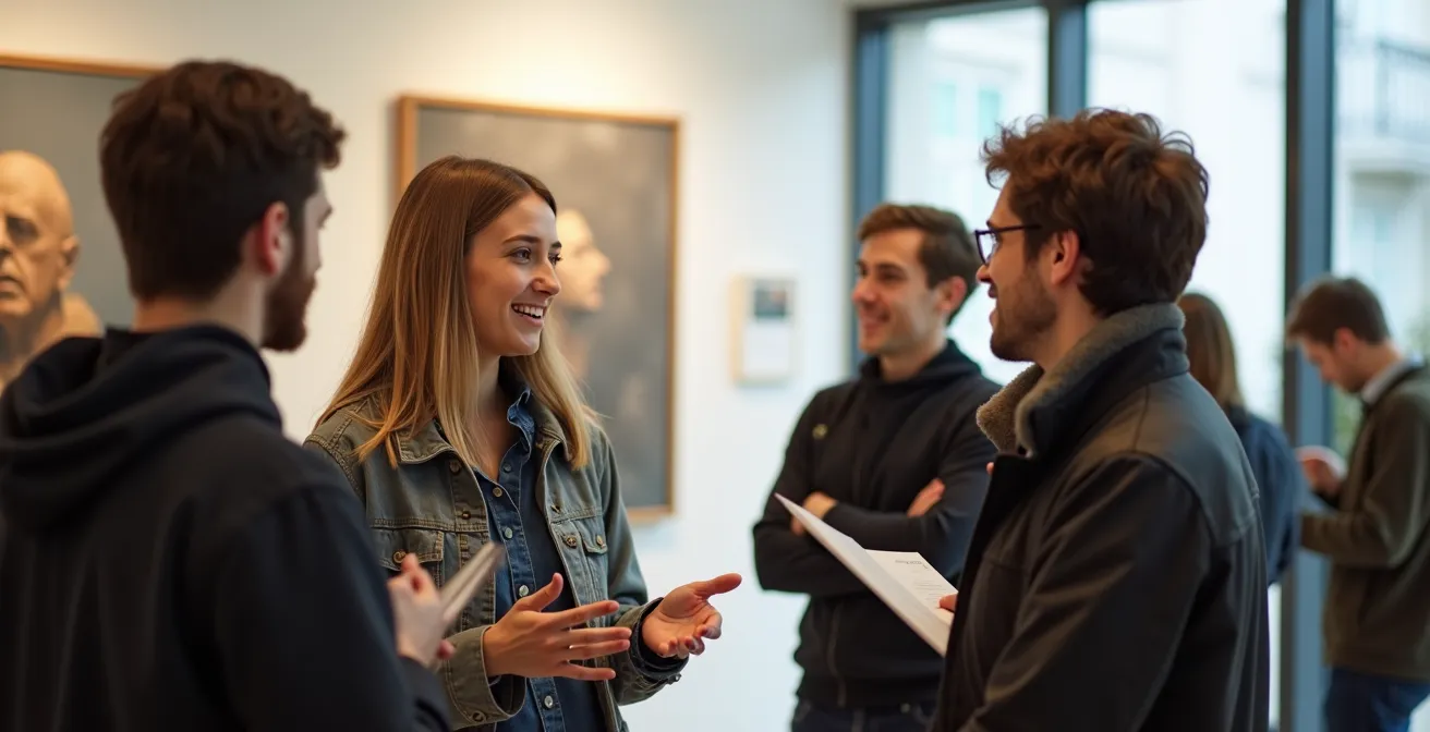 Weitwinkelaufnahme einer Kunstausstellung mit Studierenden und Besuchern
