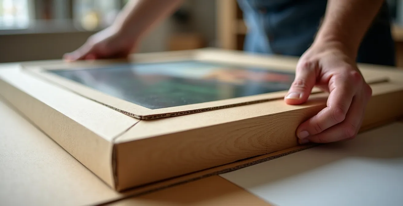 Nahaufnahme von Händen, die ein gerahmtes Bild vorsichtig zwischen Schutzkartons platzieren
