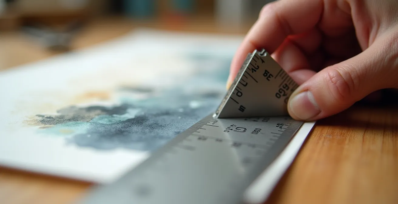 Professionelles Ausmessen eines Bildes mit Metalllineal und Winkel