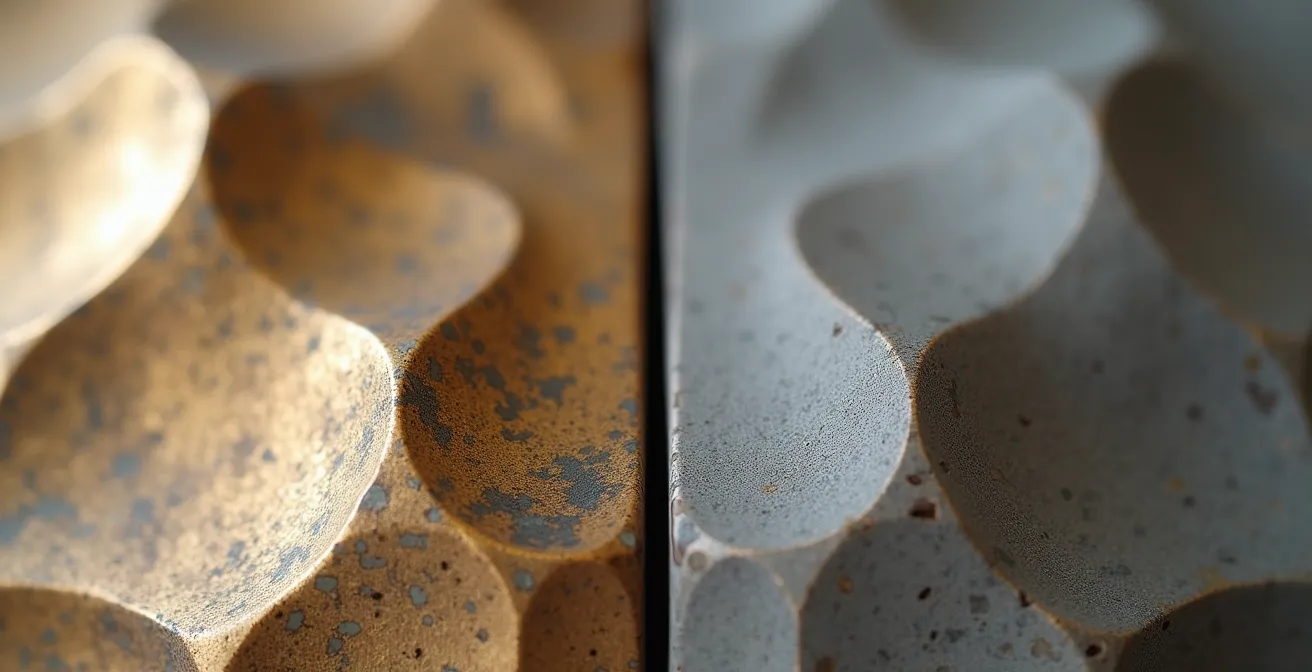 Makroaufnahme zeigt Oberflächenkontrast zwischen polierter Bronze und matter Keramik