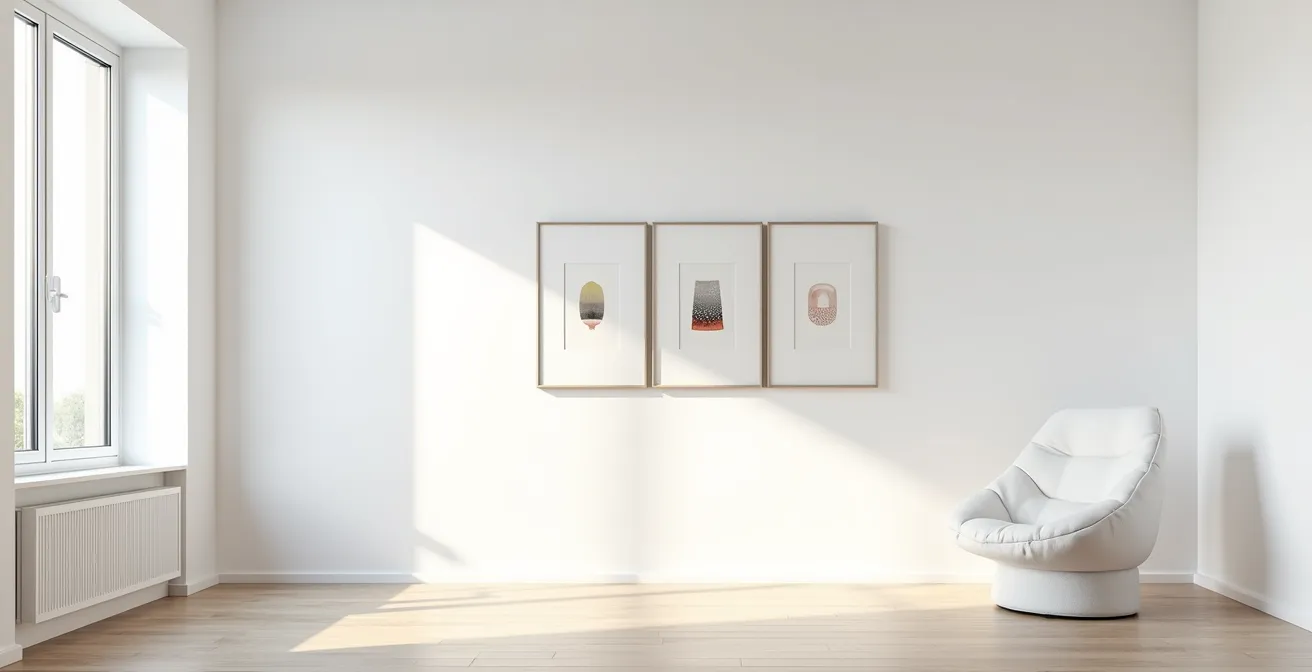 Minimalistisch arrangierte Fine Art Prints an einer grossen Wand in einem Schweizer Wohnzimmer