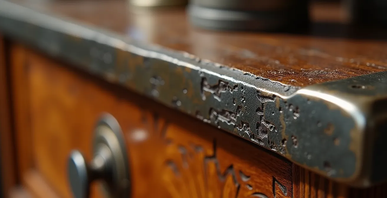 Stilvolle Kombination von moderner Schweizer Metallskulptur mit antikem Biedermeier-Möbel