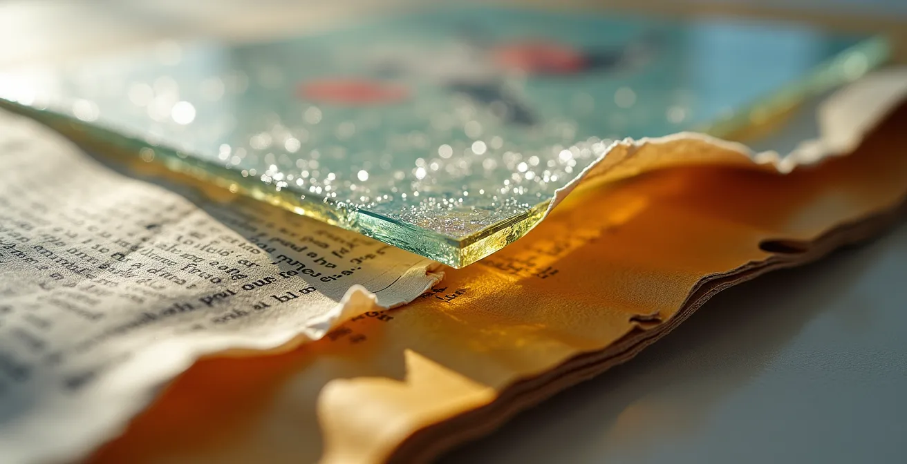 Nahaufnahme einer Collage hinter entspiegeltem Museumsglas mit sichtbarer Schutzwirkung