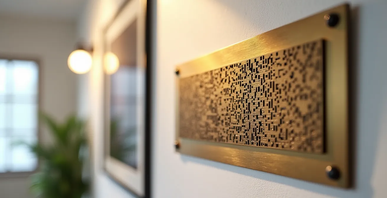 Elegante Messingplakette mit einem kunstvollen QR-Code-Muster neben einem digitalen Kunstwerk an einer weissen Wand.