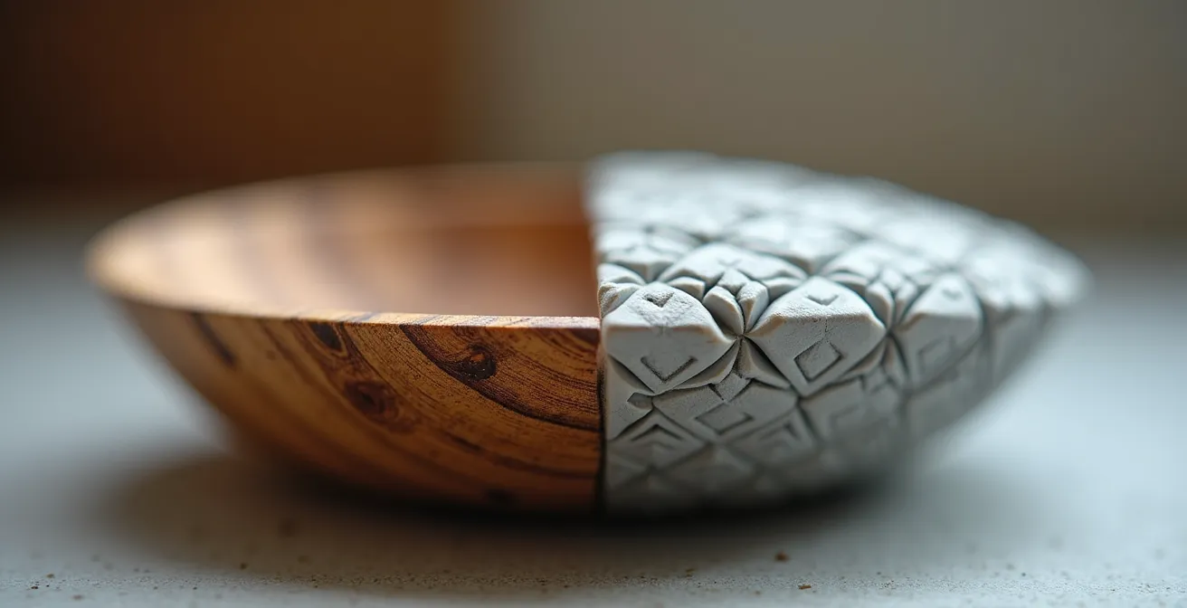 Handgeschnitzte Holzschale aus Brienz neben modernem 3D-Druck aus EPFL Innovation Park