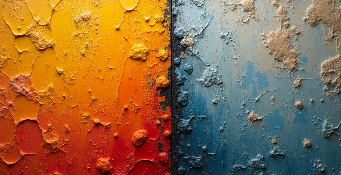 Nahaufnahme eines Ölgemäldes mit sichtbarer Textur neben einer hochwertigen Lithografie